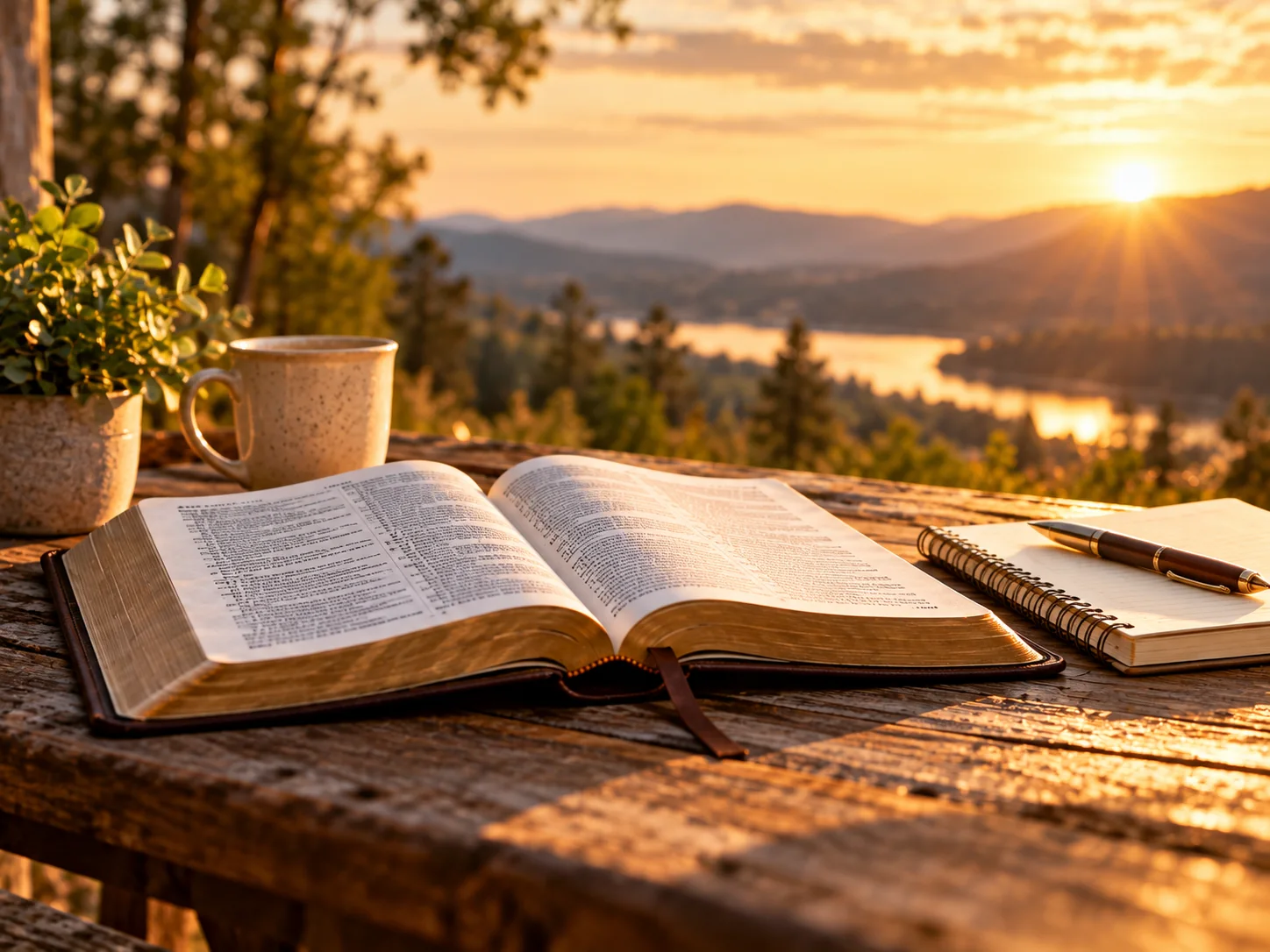 Open Bible with notebook and mug overlooking a peaceful valley at sunrise