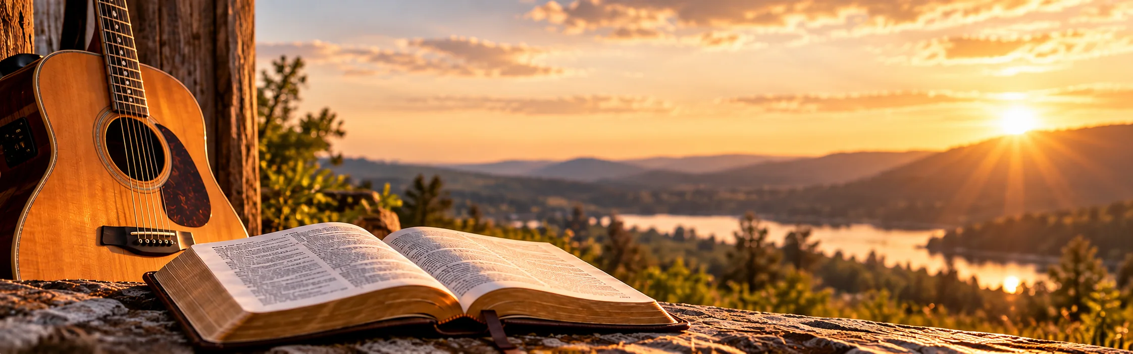 Open Bible and acoustic guitar in golden morning light