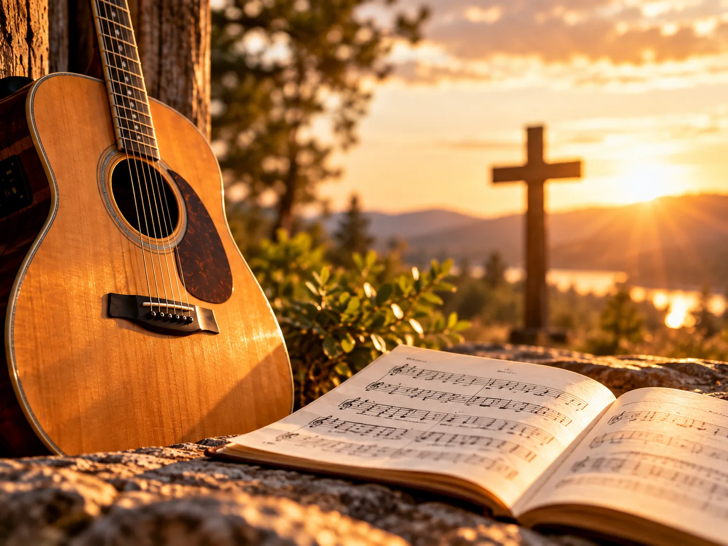 Acoustic guitar and sheet music in warm sunrise light