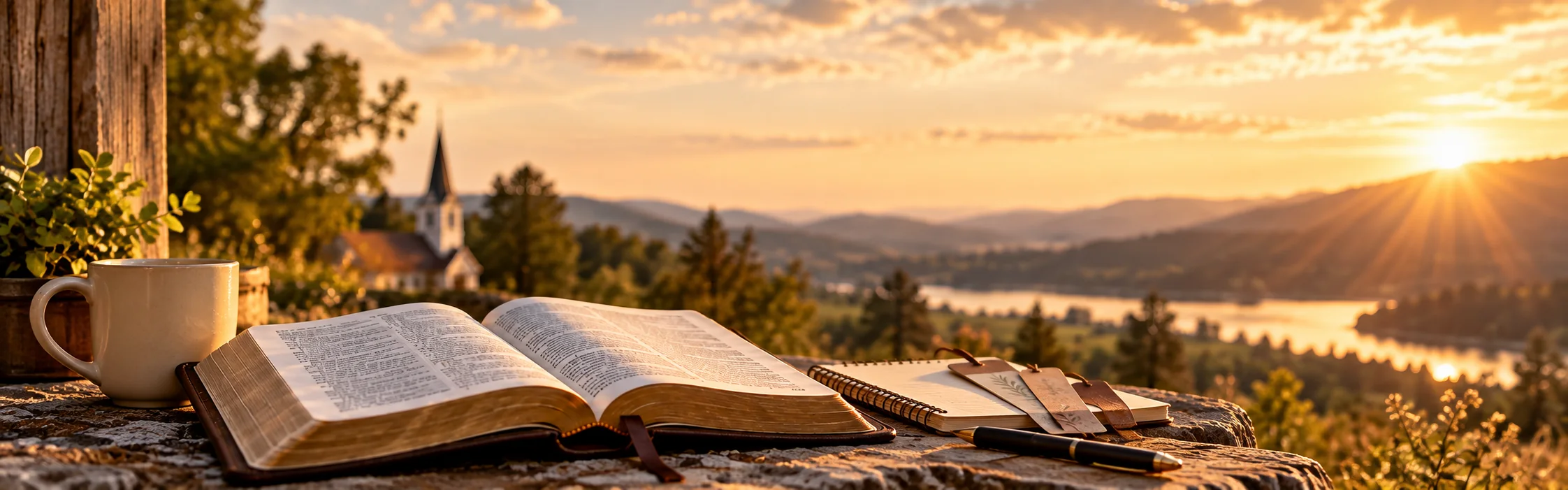Open Bible with journal and coffee mug at sunrise